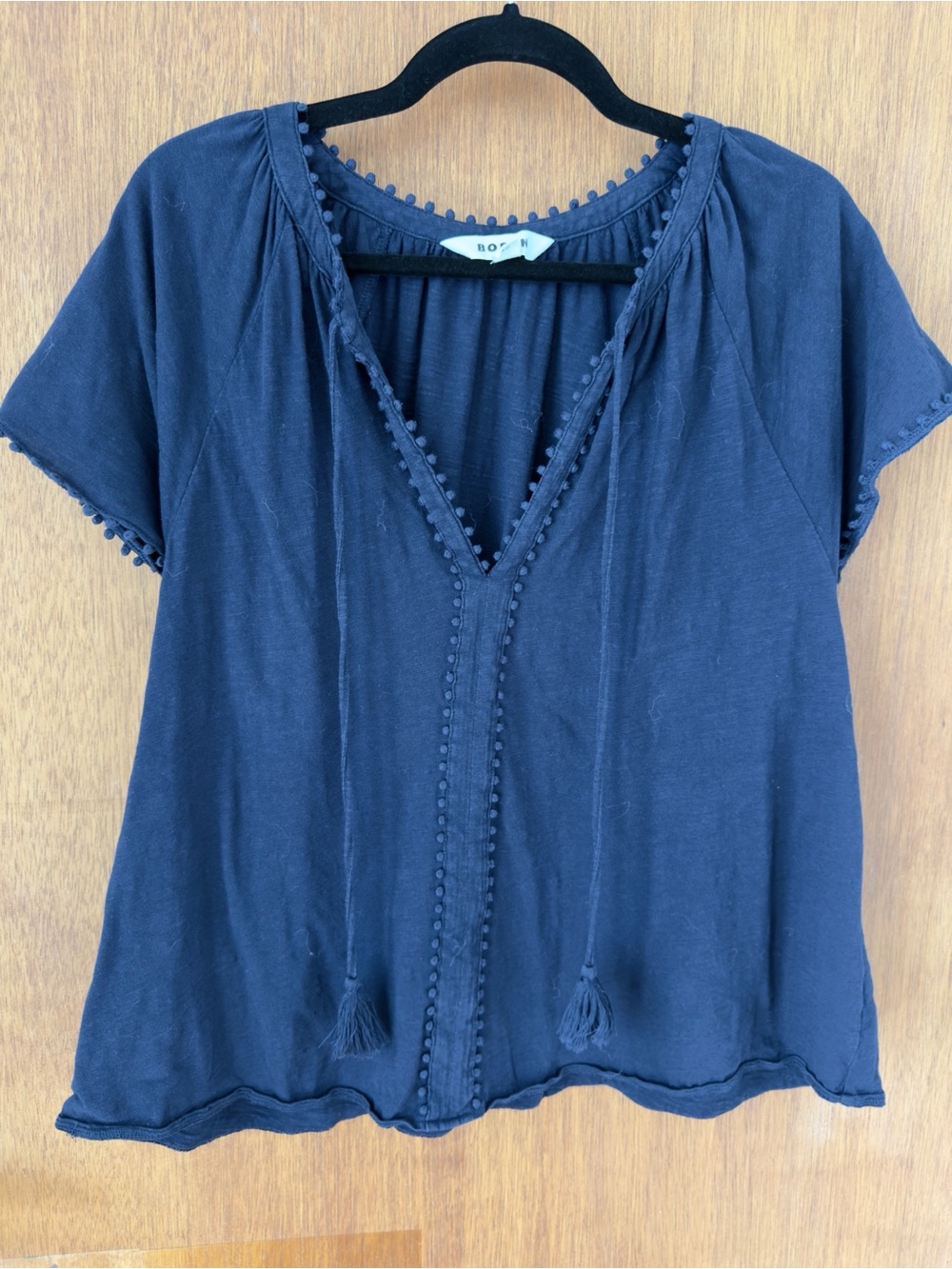 Boden Navy Pom Trim V-Neck Tie Front Women's Top